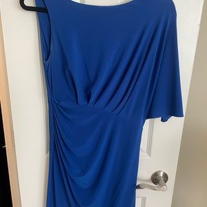 Cobalt blue evening dress with off off shoulder sleeve.